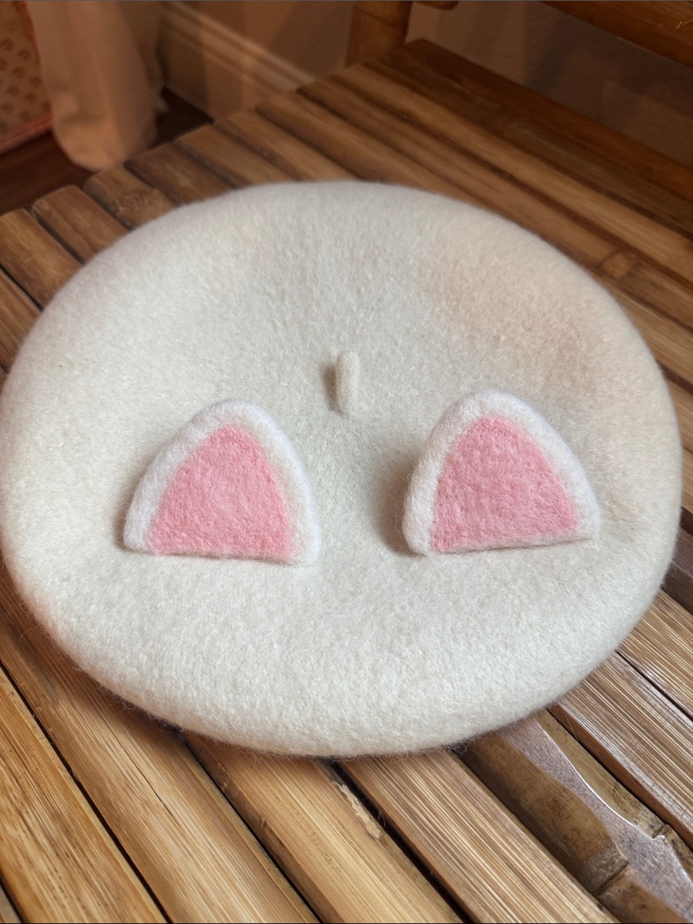 Kids and Women’s Felt Beret Hat with Pink Cat Ears - Cute White Wool Hat Cream